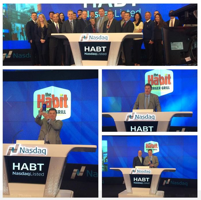 Collage of Nasdaq bell ringing ceremony with Habit Burger